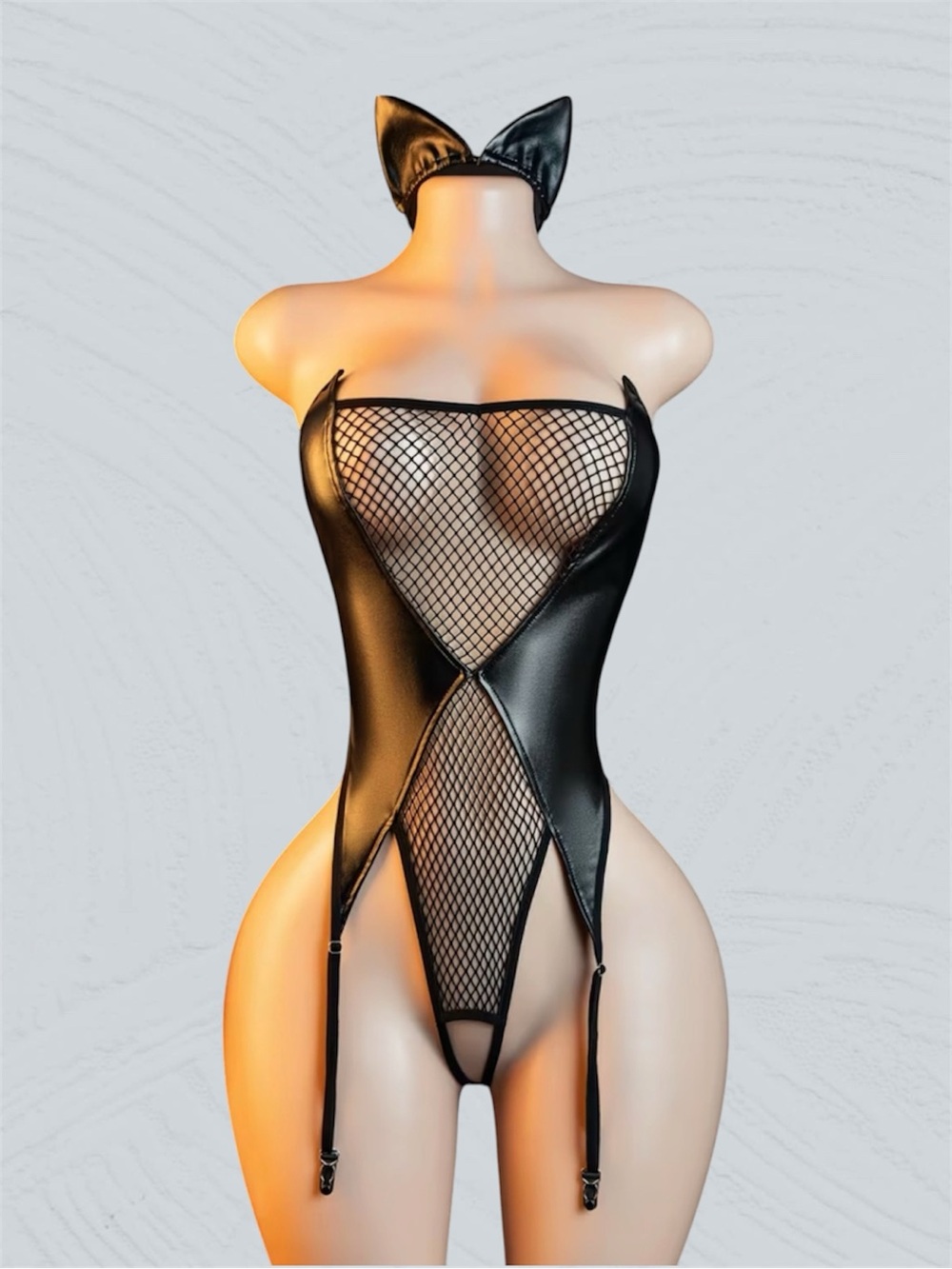Black Faux Leather Fishnet Lingerie Bodysuit with Cat Ears Costume